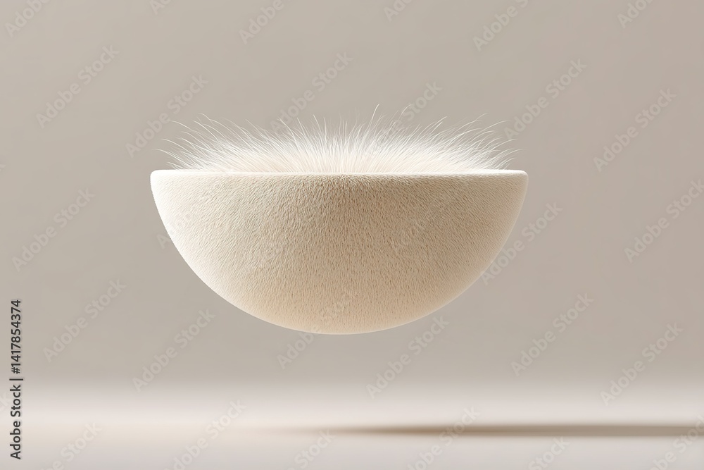 Poster floating spherical object with soft fur texture displayed on a neutral background in a creative art 