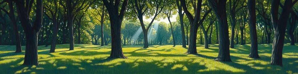 Fototapeta premium Sunny parkland scene, sunbeams through trees