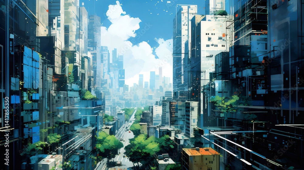 Poster 未来都市のパノラマ風景 青空の下 多数の建物と緑の木々が並ぶ光景