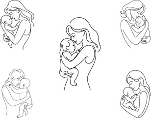 Continuous Line Art of Mothers Holding Babies