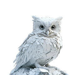 Artistic white owl sculpture digital minimalist style isolated on transparent background