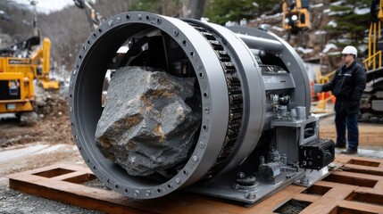 A man stands in front of a large rock, which is sitting on a platform