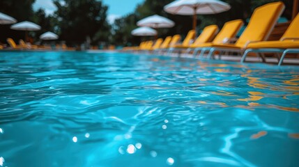 Obraz premium Serene poolside view with yellow loungers under umbrellas on a sunny day