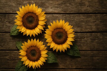 Sunflowers arranged beautifully on wooden background  