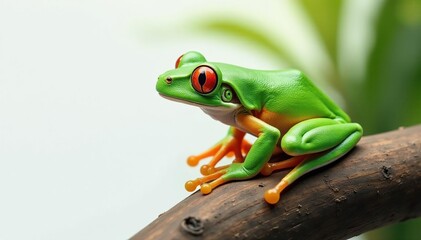 Obraz premium Green tree frog perched on white, vibrant color , fauna, single