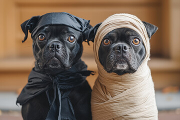 Obraz premium Two dogs wearing Halloween costumes: one as a pumpkin and the other as a ghost. Playful decorations in the background complete the festive setting.