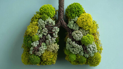Lungs reborn: a vibrant tapestry of moss representing the healing power of nature against a serene, light teal backdrop.