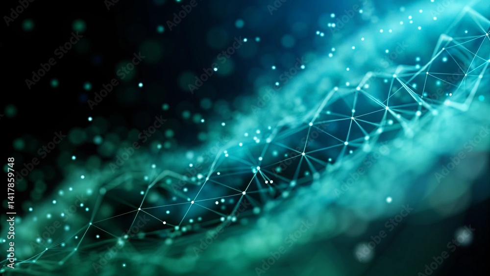 Poster Abstract digital network background banner with glowing light and connecting data dots in blue and green colors. Big data technology concept, futuristic, innovation, cyber, virtual grid
