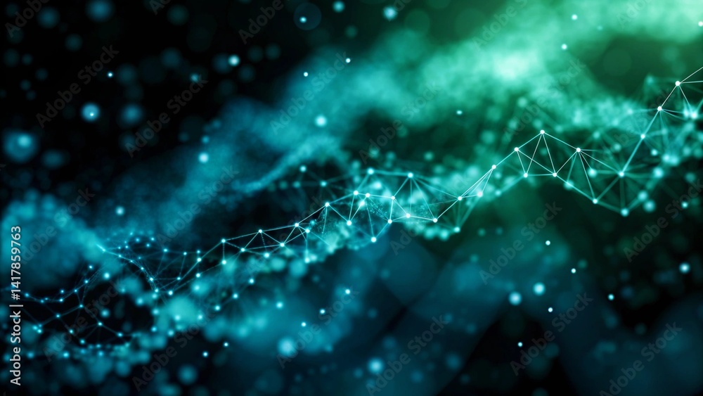 Poster Abstract digital network background banner with glowing light and connecting data dots in blue and green colors. Big data technology concept, futuristic, innovation, cyber, virtual grid