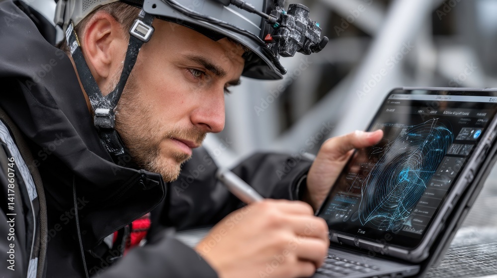 Poster A man wearing a helmet is using a laptop computer