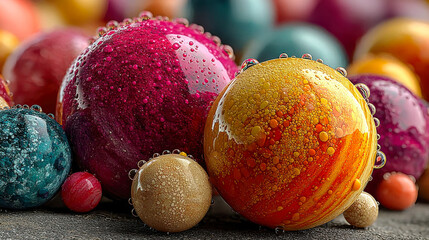 Colorful glass orbs with glittering textures on a rough surface background