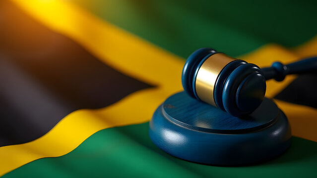 Blue mahoe gavel with steel over Jamaican flag. Rastafarian legal symbolism with golden hour light.