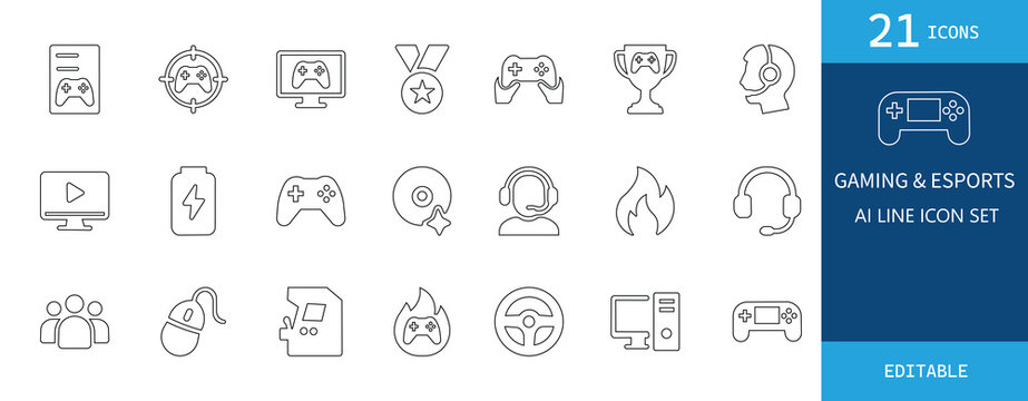 This editable Gaming and Esports AI line icon set features 21 clean, minimal stroke icons including controllers, headsets, trophies, and more, perfect for gaming branding