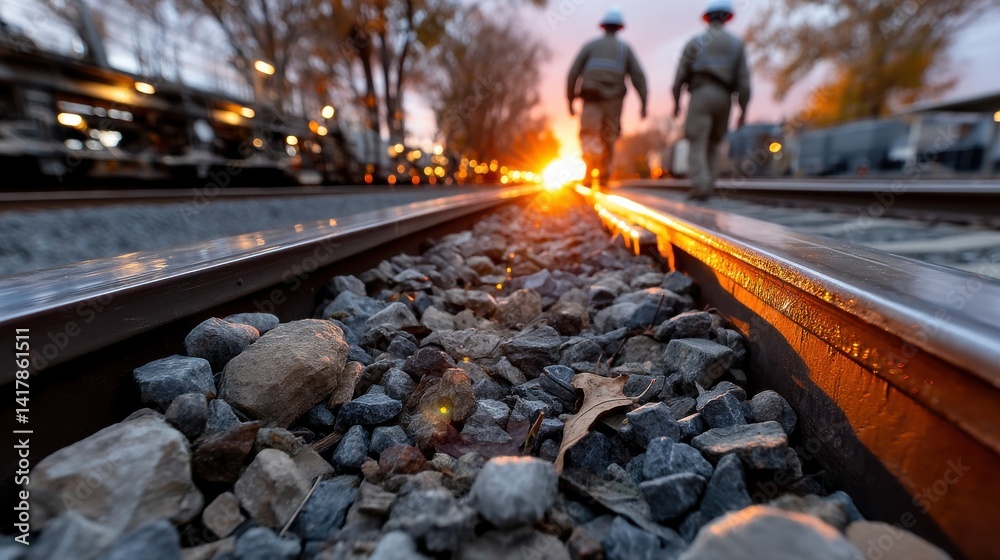 Poster two men are walking on railroad tracks with a sunset in the background