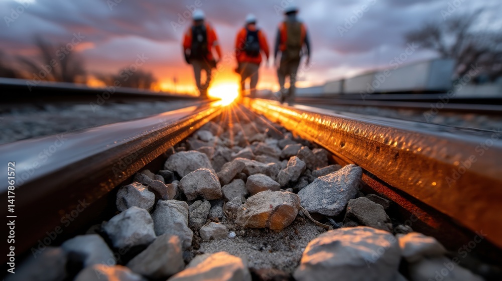 Poster three men are walking on a railroad track with a sunset in the background