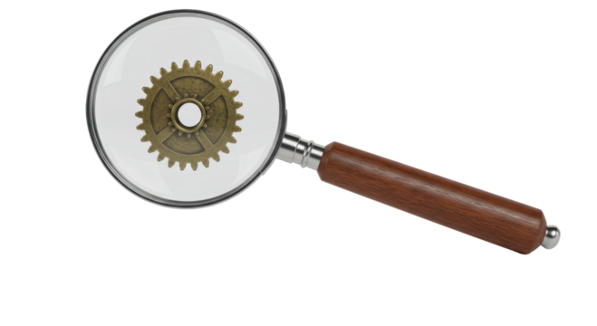 Isolated Gear Inside Magnifying Glass