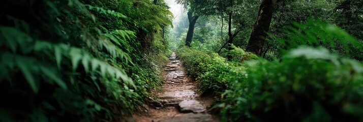 Fototapeta premium A serene and tranquil pathway winds through a lush green forest, inviting exploration and reflecting the beauty of nature’s tranquility and serenity.