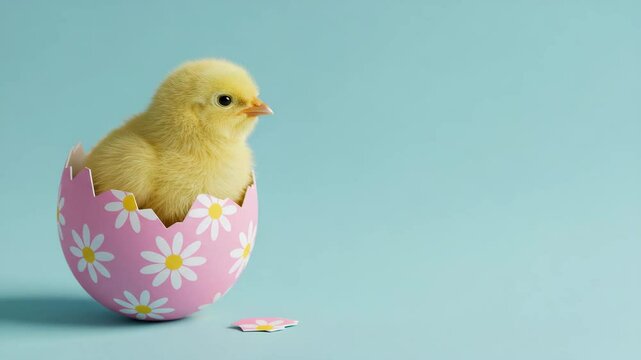 Newborn yellow chick sitting in a pink easter egg decorated with white flowers on a light blue background with copy space