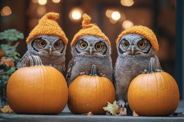Three little owls in knitted hats sitting on pumpkins.