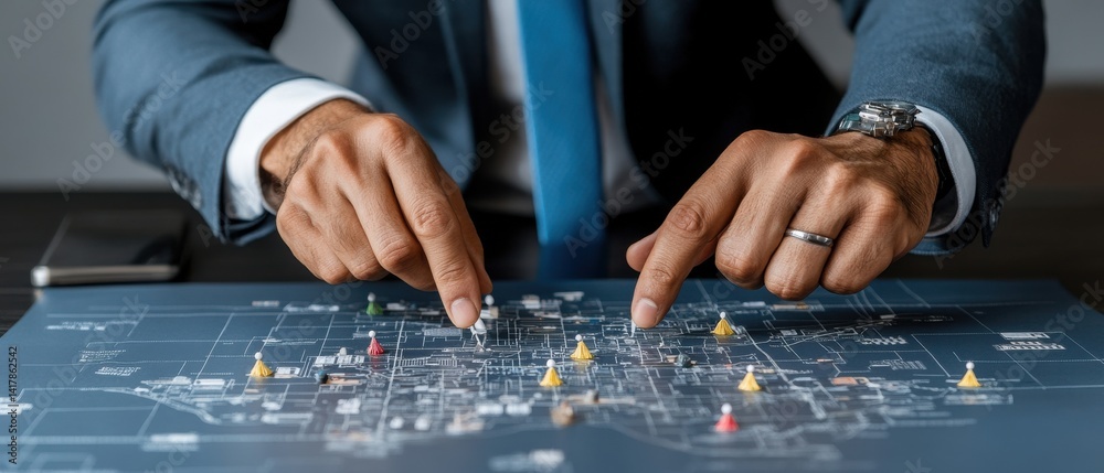 Poster A man is pointing at a map with a yellow dot on it