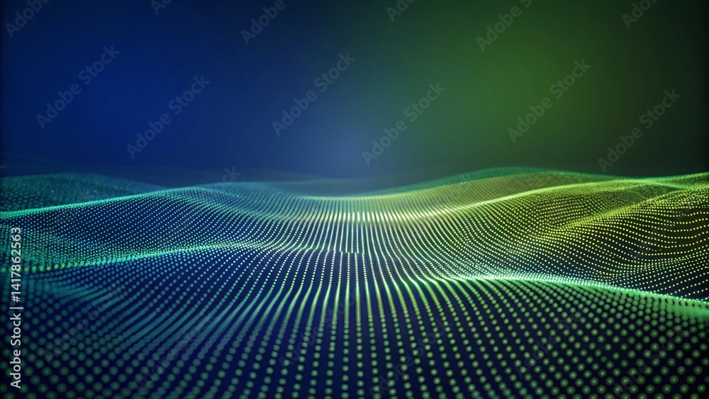 Poster Abstract green and blue particles background. Flow wave with dot landscape. Digital data structure. Future mesh or sound grid. Pattern point visualization. Futuristic dynamic connection network