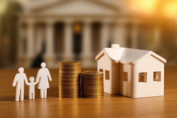 Government housing subsidy and mortgage support policy concept with family figures and house model