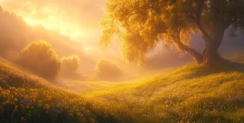Golden Sunrise Meadow Landscape with Majestic Tree