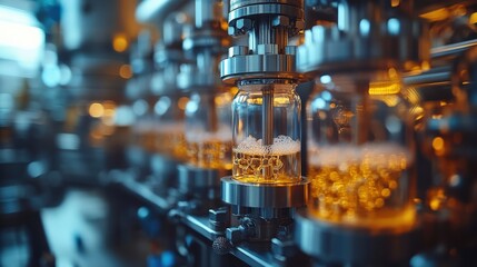 Industrial brewing process showcasing glass bottles filled with golden liquid in a factory