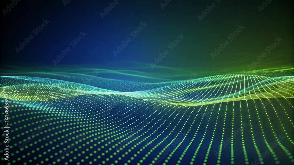 Poster Abstract green and blue particles background. Flow wave with dot landscape. Digital data structure. Future mesh or sound grid. Pattern point visualization. Futuristic dynamic connection network