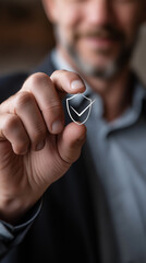 A businessman confidently presenting a shield symbolizing security and trust, showcasing protection and reliability with a soft focus background.
