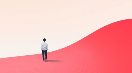 Obraz premium Solitary Figure Walking Along Smooth Abstract Terrain in Coral and Pink Shades