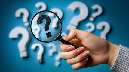 A hand delicately holding a magnifying glass, focusing on a central question mark amidst a sea of other question marks, searching for answers against a vibrant blue background.