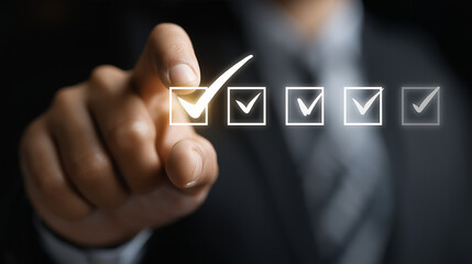 A hand confidently checks off a task on a digital checklist, signifying accomplishment and progress with soft, glowing checkmarks on a dark background.