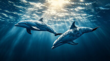 Obraz premium Two dolphins swim gracefully underwater, bathed in sunlight from above