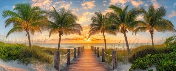 Wooden boardwalk leads to beach with palm trees at sunset.