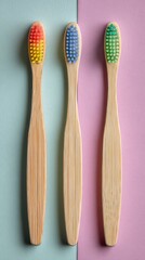 Bamboo Toothbrushes Arrayed by Color on Pastel Backdrop Eco Friendly Dental Care for Healthy Smiles Clean and Sustainable Oral Hygiene Product