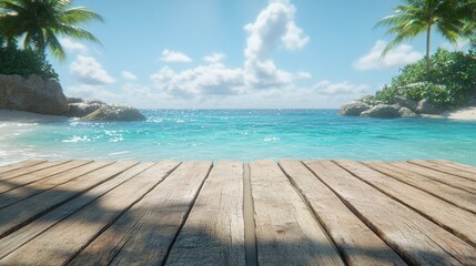 Fototapeta premium Serene tropical beach view with clear turquoise water and palm trees