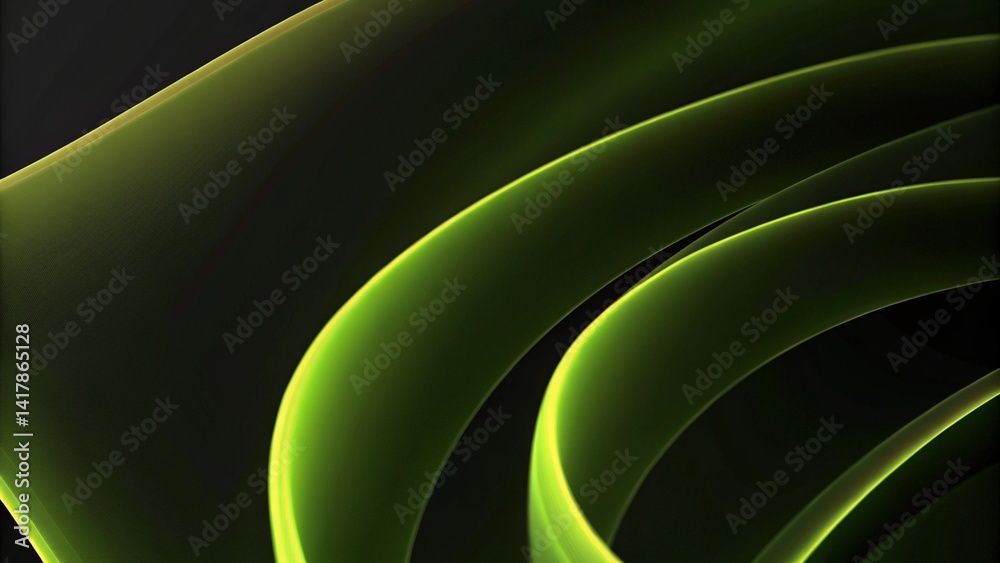 Poster abstract green wave on black background, digital swirl pattern, futuristic flowing lines, modern ene