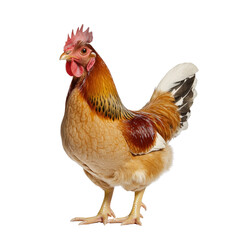 Fototapeta premium Bright colorful rooster standing on white background with detailed feathers and commanding presence in vibrant natural colors showcasing farmyard poultry bird