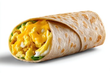 Delicious breakfast burrito on white background featuring scrambled eggs melted cheddar cheese and greens