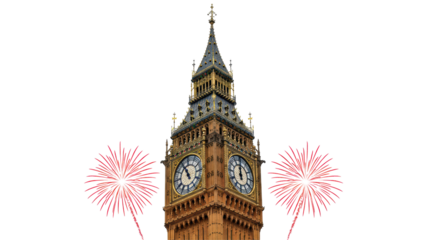 Isolated Big Ben Clock Tower with Fireworks Celebrating New Year