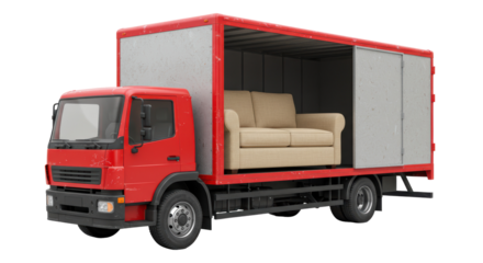 Isolated Red Moving Truck with Open Back and Sofa Inside