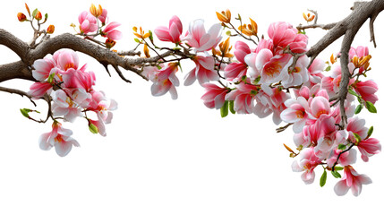 Obraz premium Magnolia Blossom Branch in Spring: Delicate magnolia blossoms in full bloom grace a sturdy branch, heralding the arrival of spring with their vibrant pink petals and verdant leaves.