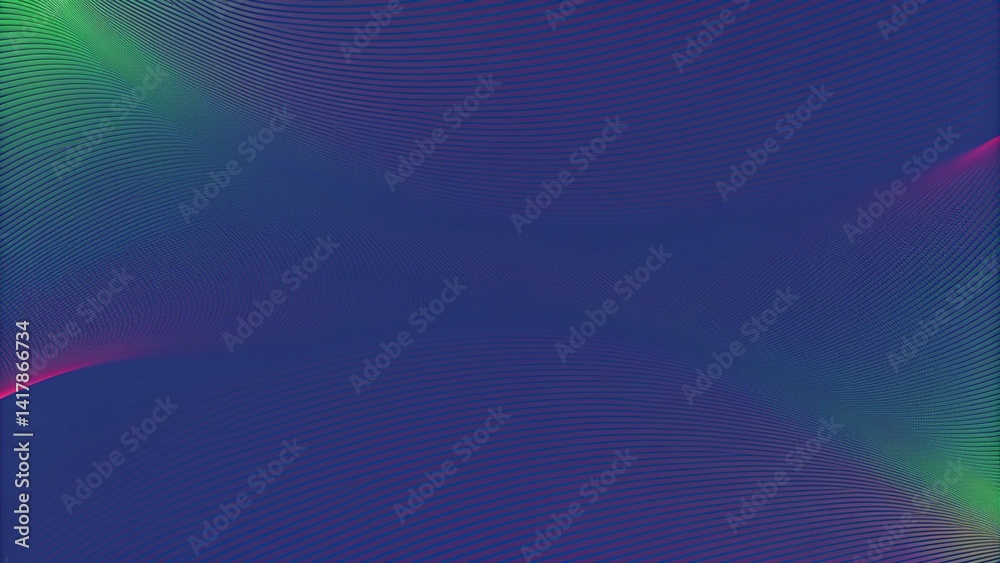 Poster Abstract modern fluid wave blend lines green and pink on blue background. Vibrant gradient dynamic motion design with flowing shapes and soft curves ideal for futuristic and tech backgrounds.