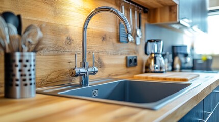Modern kitchen sink and faucet against a wooden wall.
