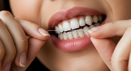 Woman flossing teeth with a smile in a bright bathroom 
 oral care dental examination