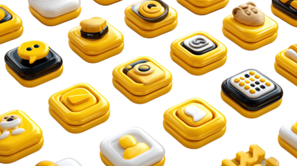 Digital Icon Array: A vibrant array of digital icons, meticulously arranged to showcase a modern aesthetic and representing a comprehensive range of technological applications.