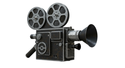 Isolated Vintage Movie Camera with Reels and Lens