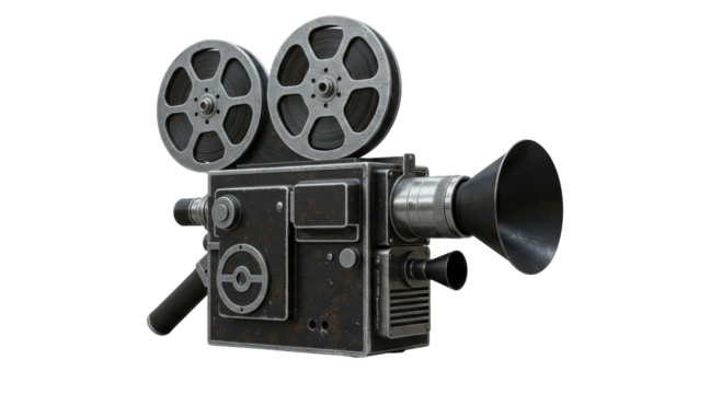 Isolated Vintage Movie Camera with Reels and Lens