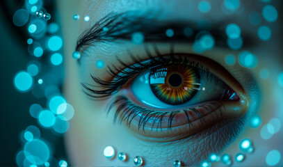 A woman's eye is shown in a blue and purple background with a lot of sparkles. The eye is surrounded by a lot of glitter and the background is a mix of blue and purple